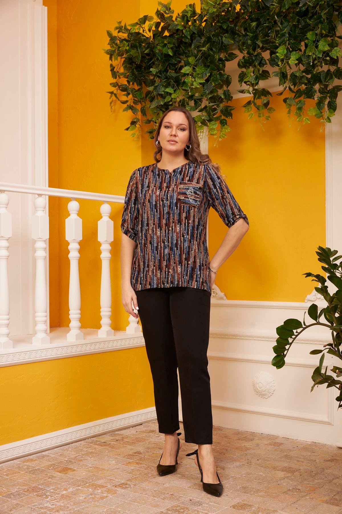 Rmg Cep Taş Detaylı Desenli Büyük Beden İndigo Gömlek