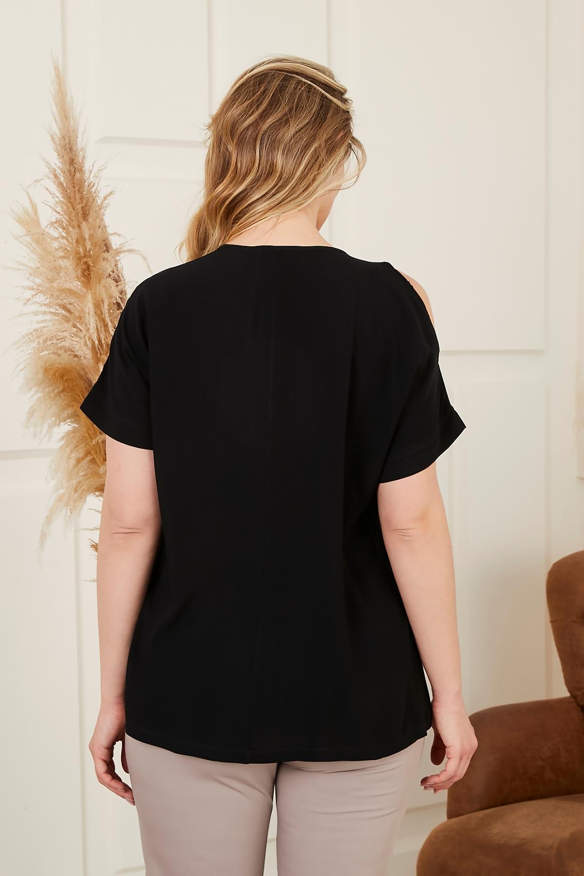 Rmg Omuz Detaylı Büyük Beden Siyah Tişört