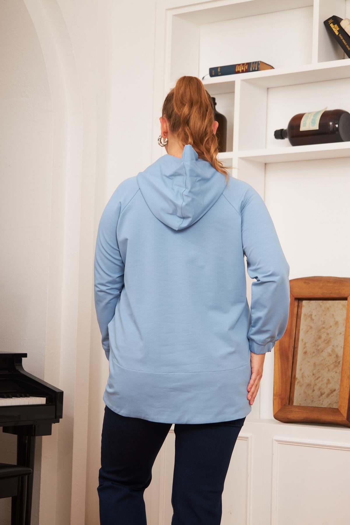 Büyük Beden Süslemeli Bağcıklı Kordon Sweatshirt Mavi