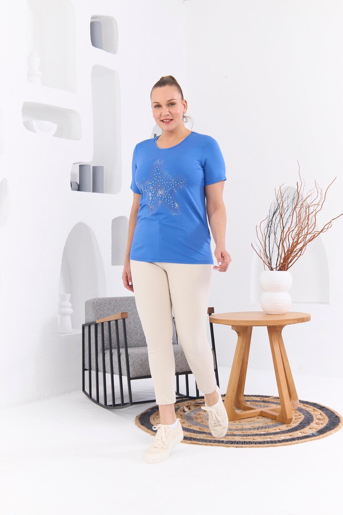 Rmg Yıldız Taş İşlemeli Büyük Beden İndigo Tişört