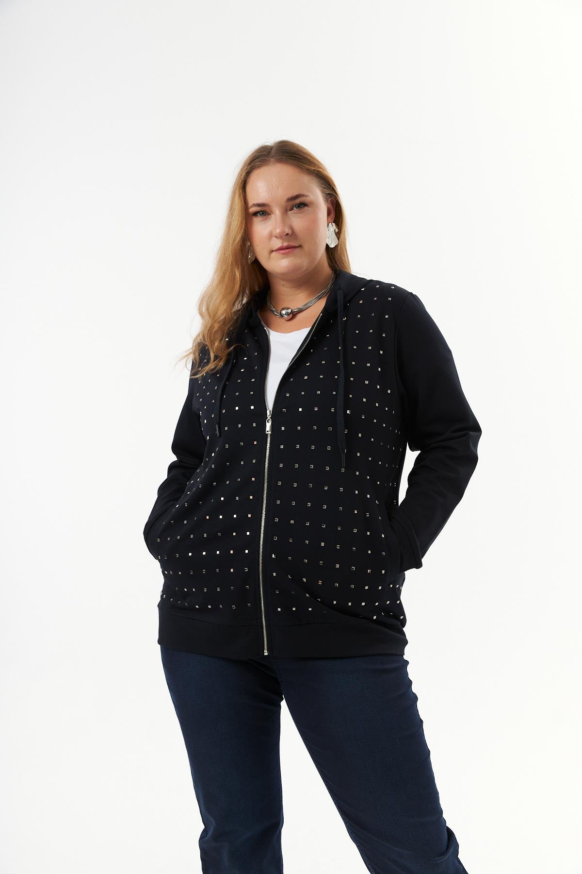 Büyük Beden Fermuarlı Droplu Sweatshirt Lacivert