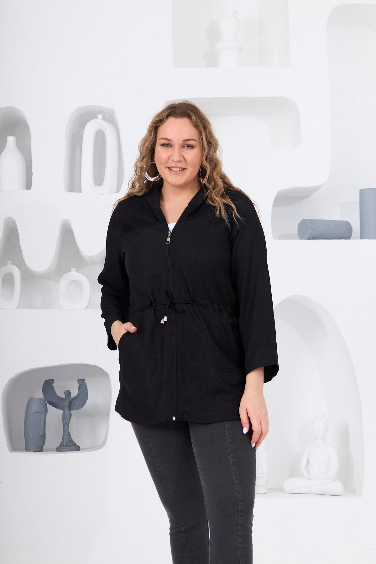 Rmg Omuz File Detaylı Keten Dokulu Büyük Beden Siyah Ceket