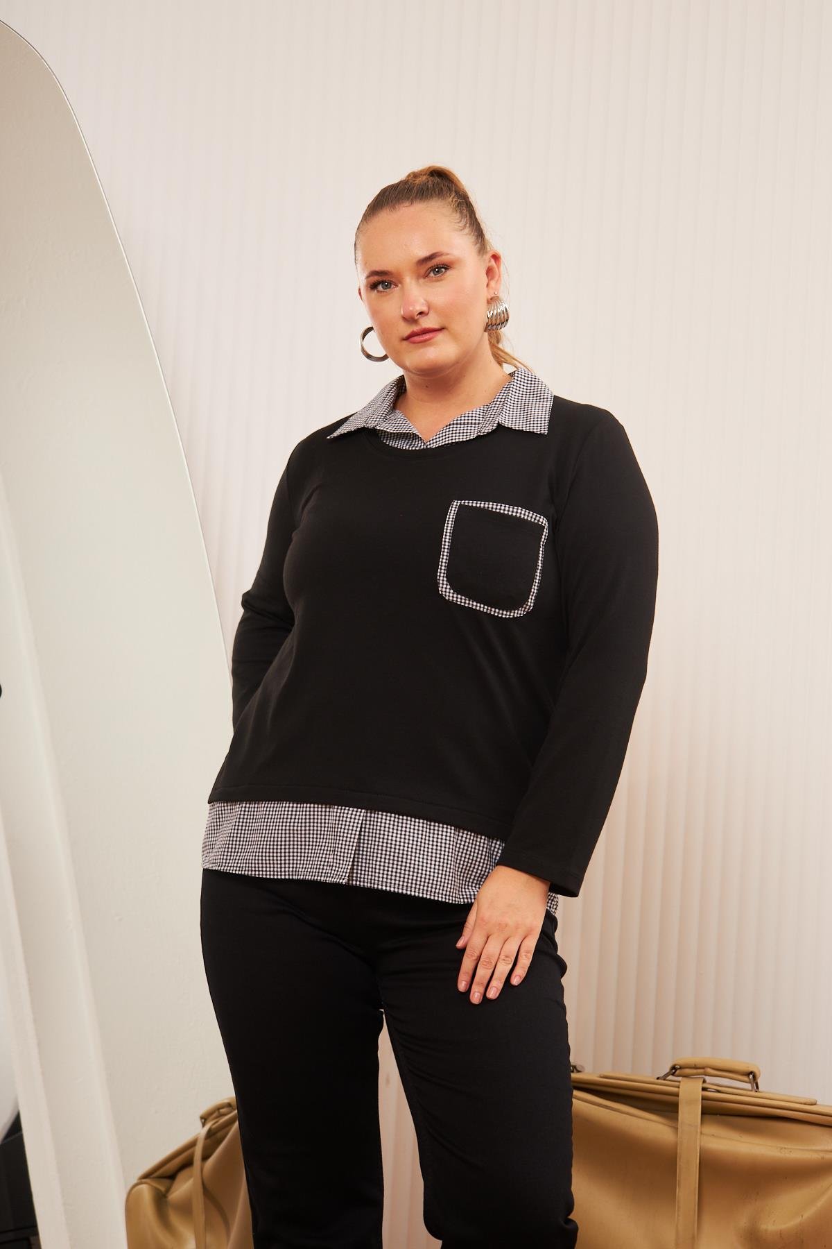 Rmg Cep Detaylı Ekoseli Büyük Beden Siyah Gömlek Bluz