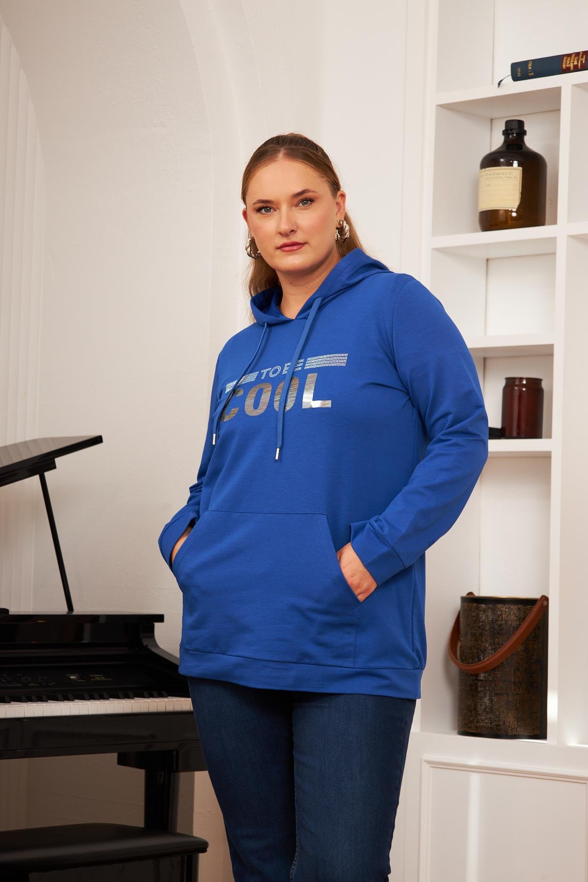 Büyük Beden Taş Baskılı Sweatshirt Koyu Petrol