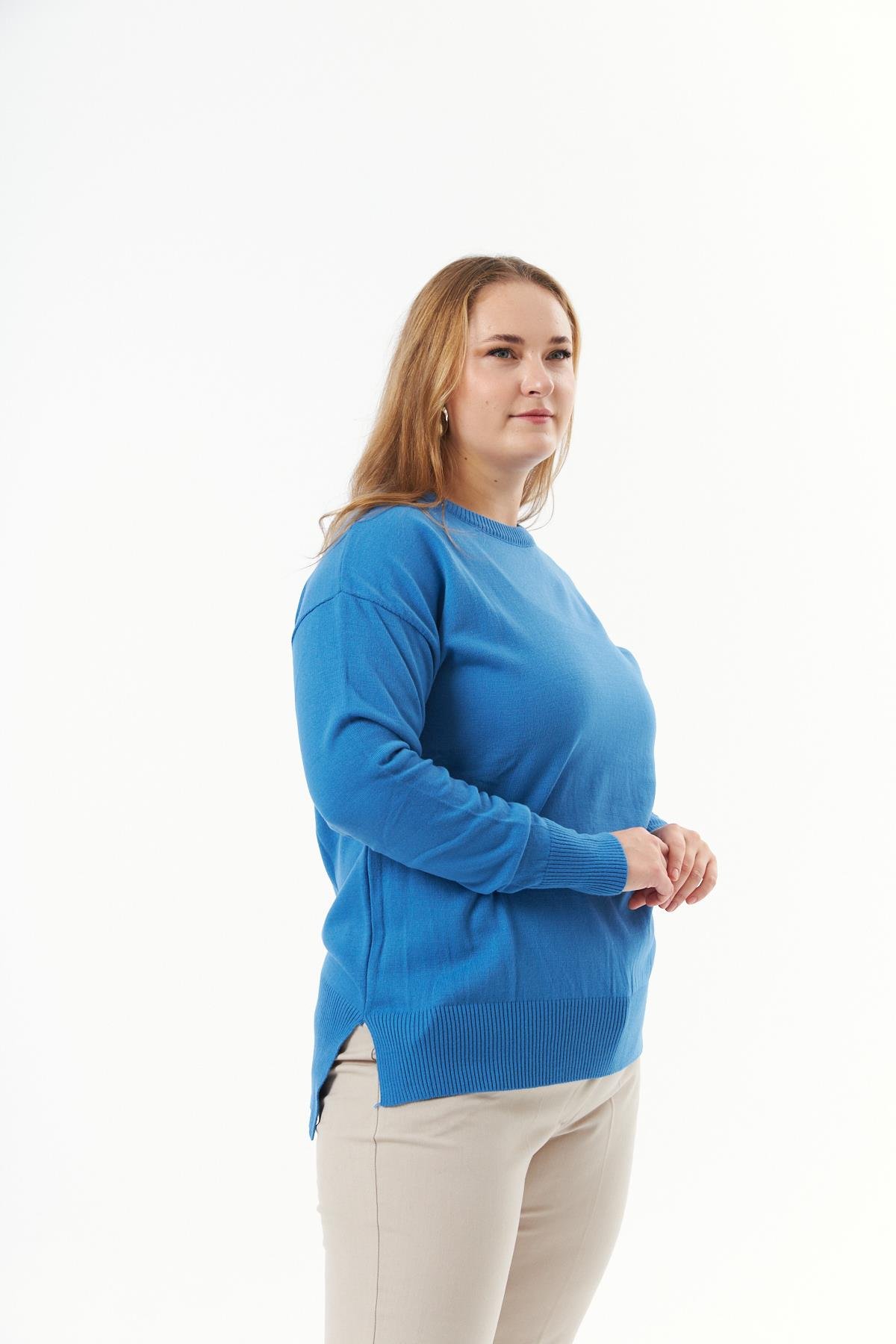 Büyük Beden Bisiklet Yaka Triko Kazak İndigo