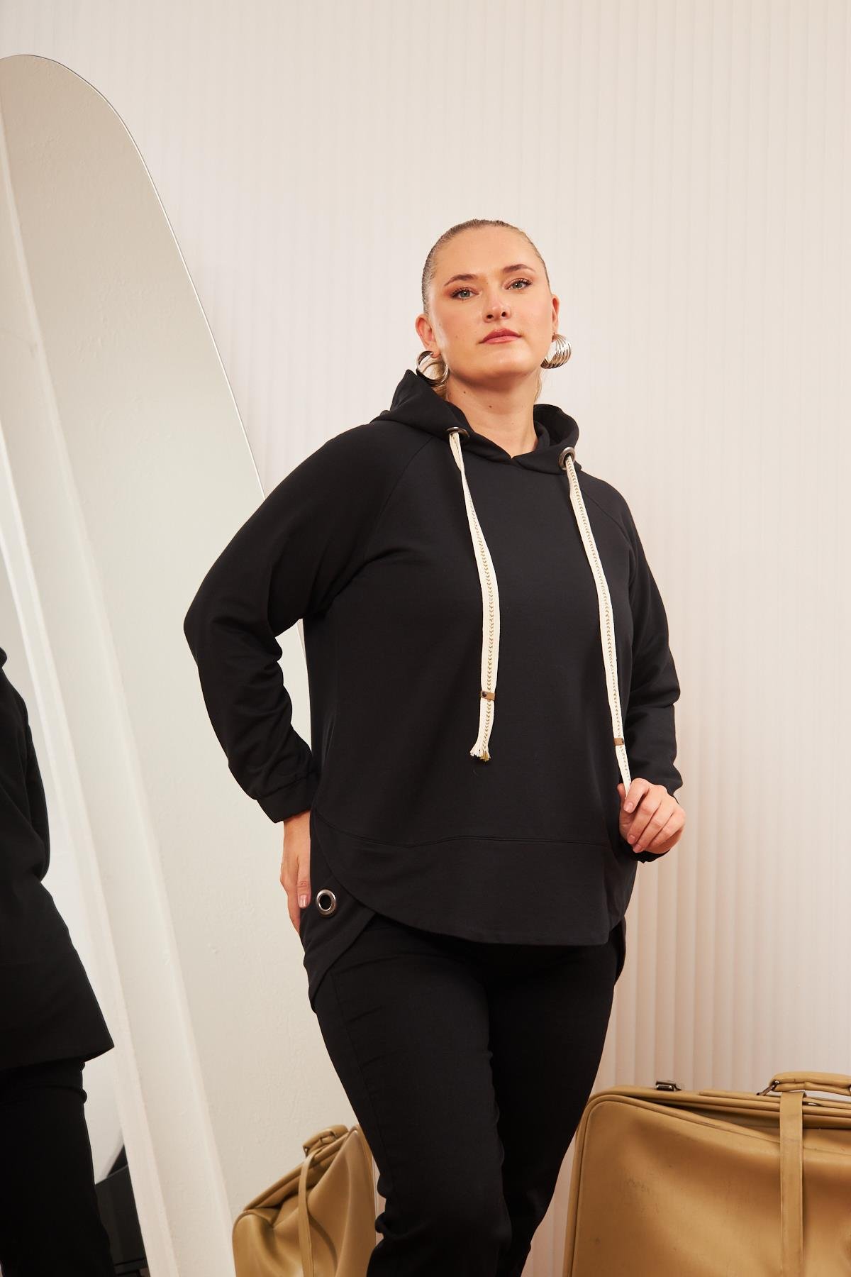 Büyük Beden Süslemeli Bağcıklı Kordon Sweatshirt Mavi