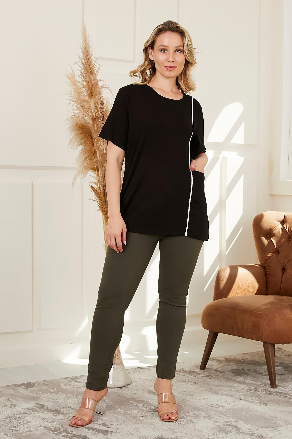 Rmg Şerit Detaylı Cepli Büyük Beden Siyah Tişört