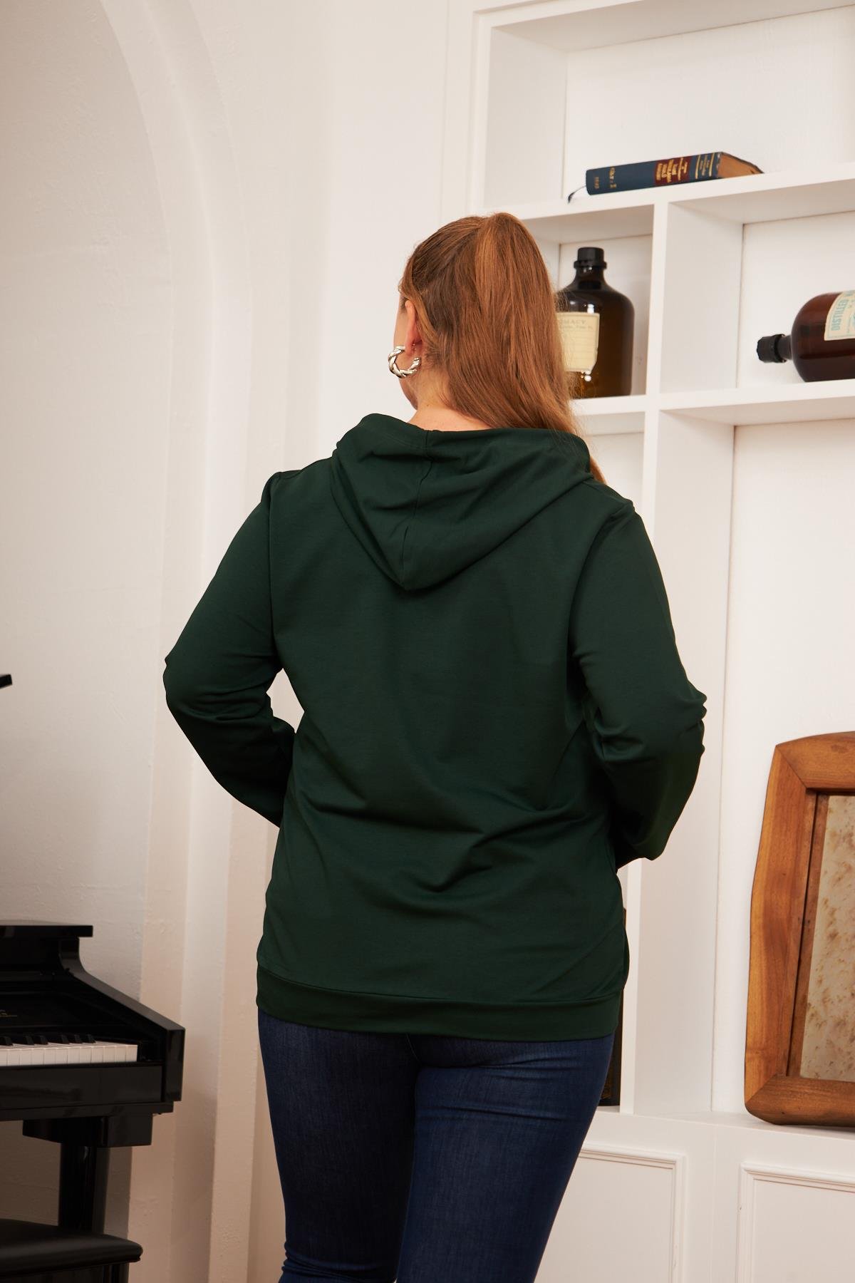 Fermuar Detaylı Büyük Beden Eşofman Üst Zümrüt