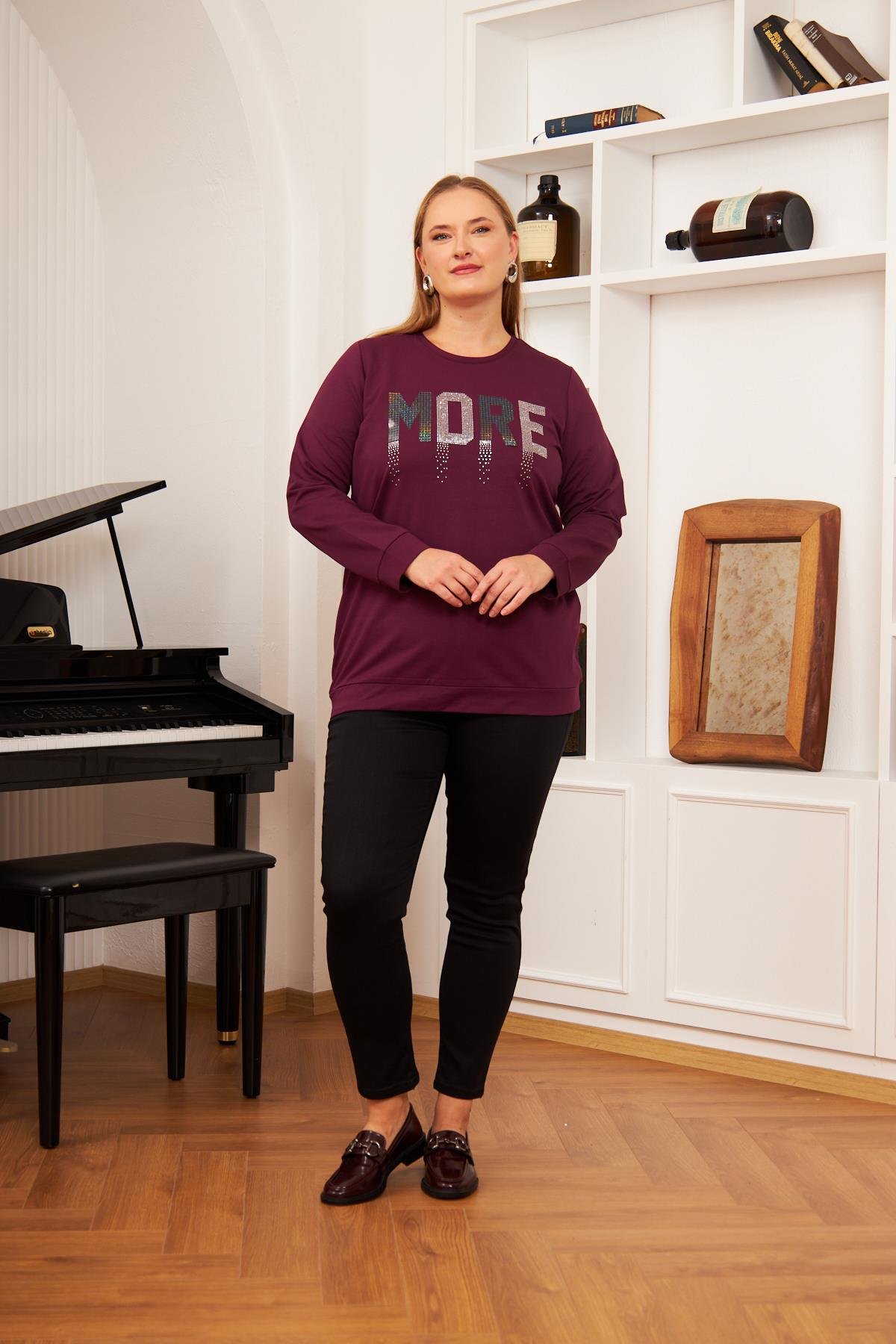 Büyük Beden Taş Baskılı Sweatshirt K.Mor