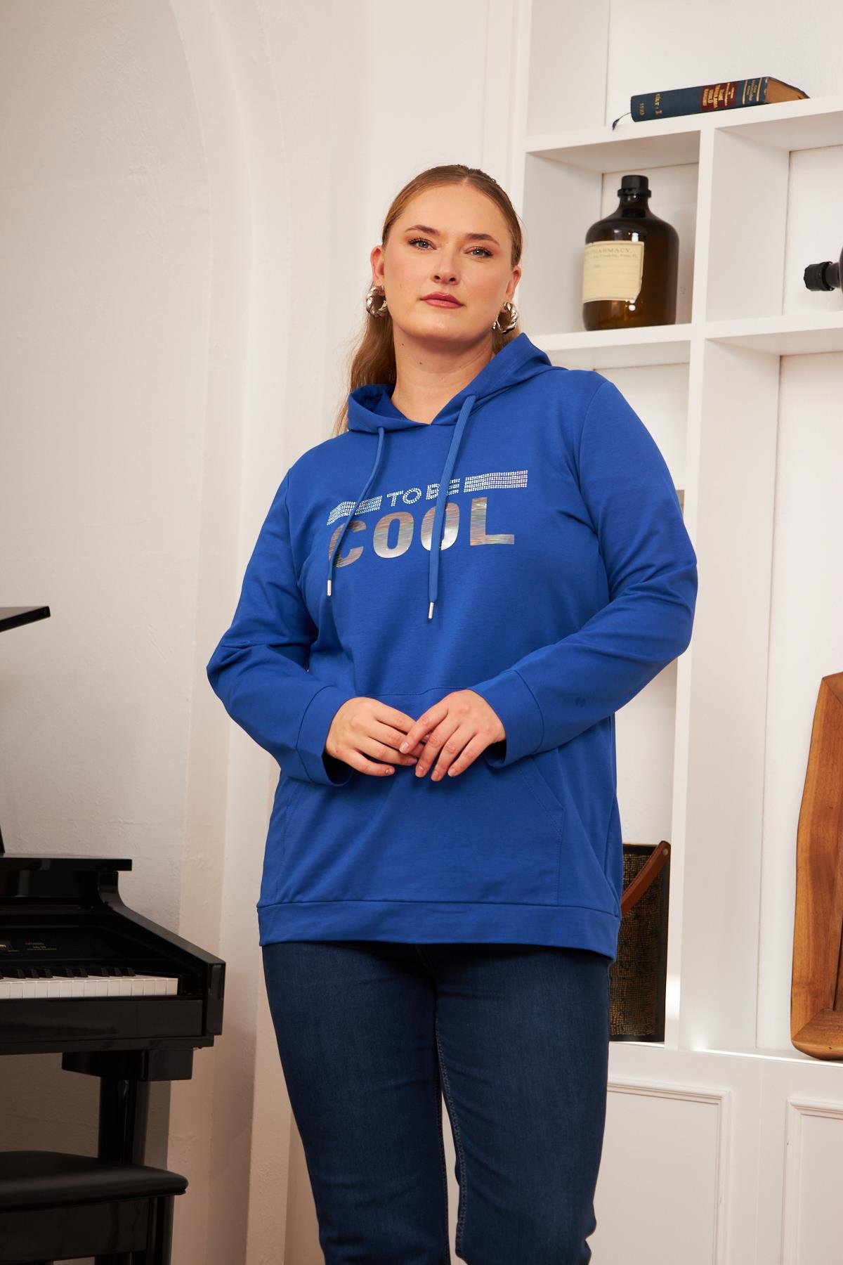 Büyük Beden Taş Baskılı Sweatshirt Koyu Petrol