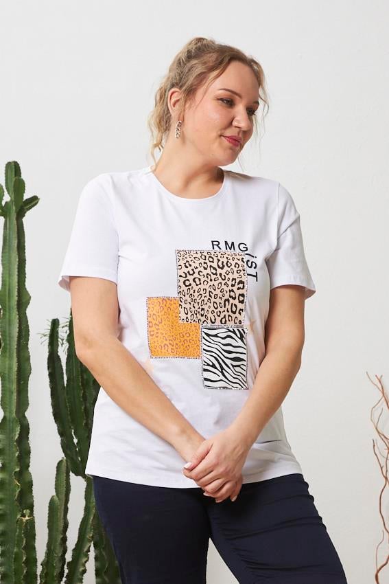 Rmg Leopar Ve Zebra Desenli Büyük Beden Beyaz Tişört