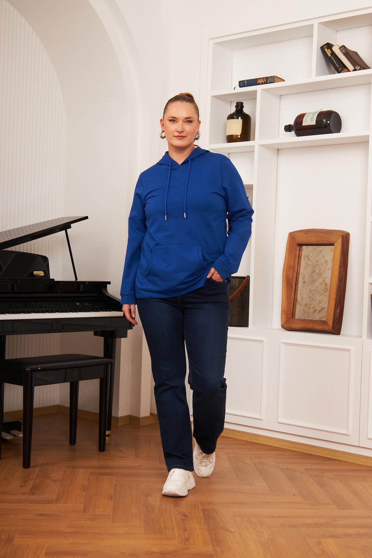 Rmg Kapşonlu Büyük Beden Saks Sweatshirt