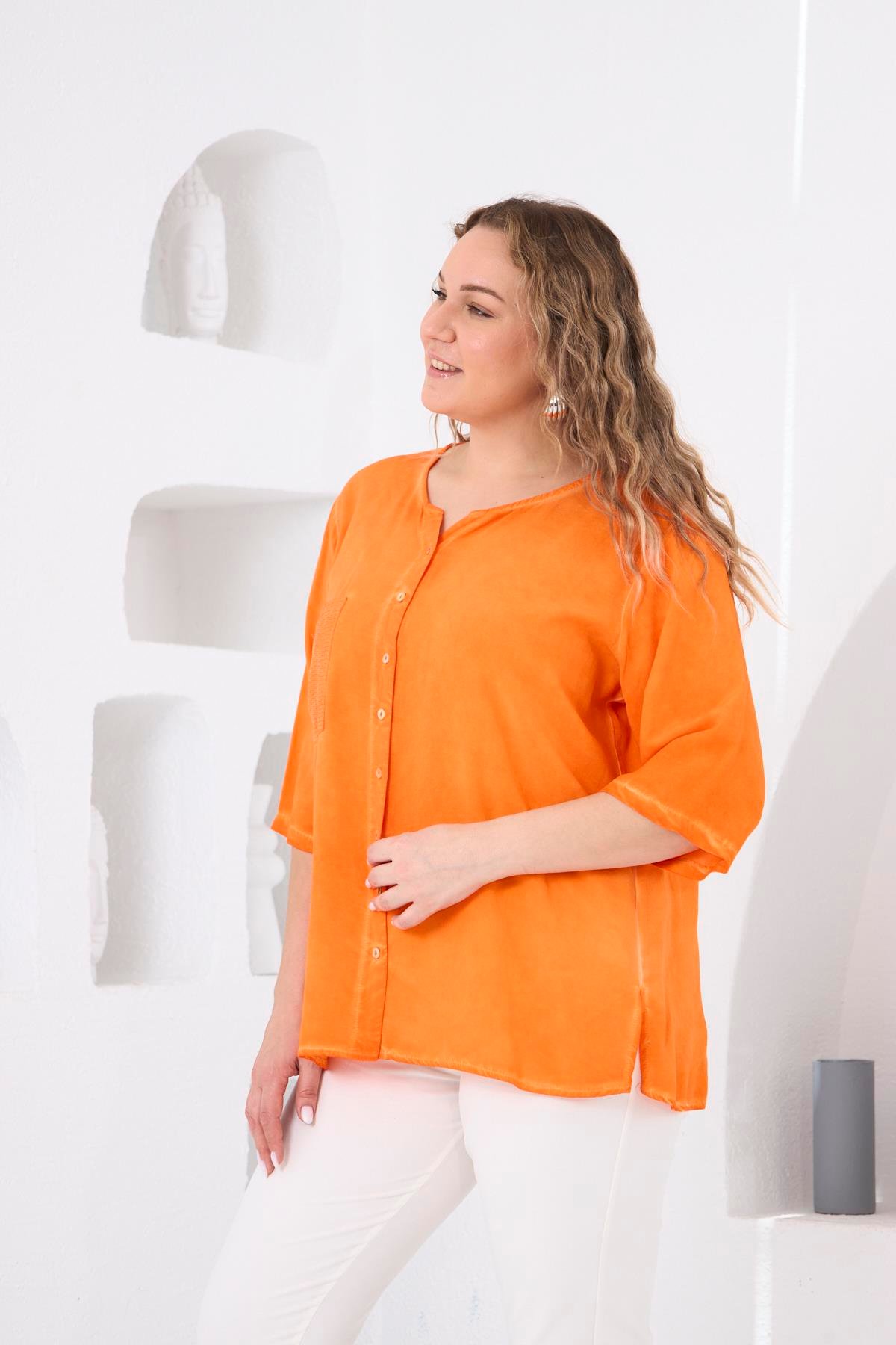 Rmg Cep Pulpayet Detaylı Yırtmaçlı Oranj Büyük Beden Yıkamalı Bluz