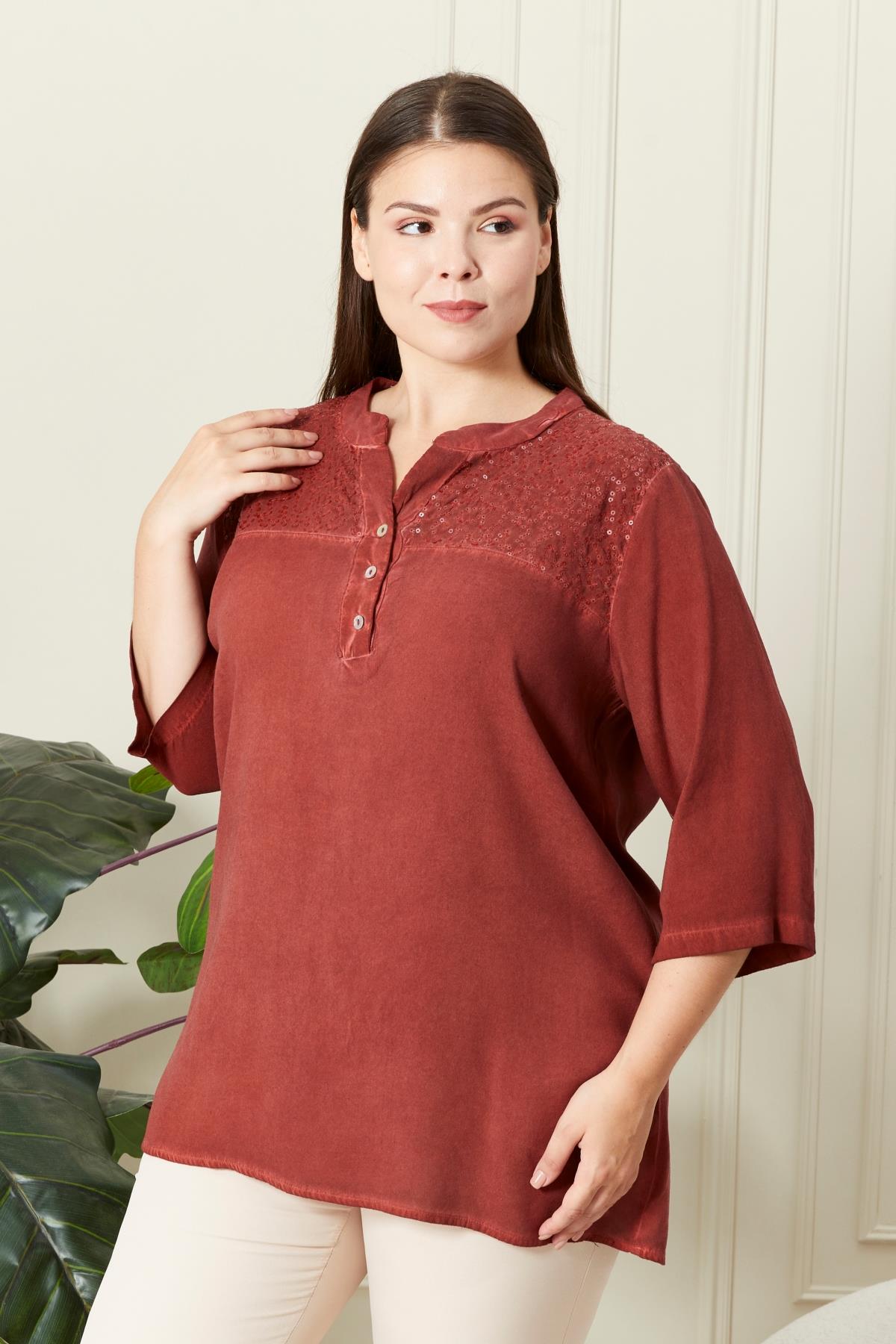 Rmg Yaka Pul Payet Detaylı Büyük Beden Kiremit Bluz