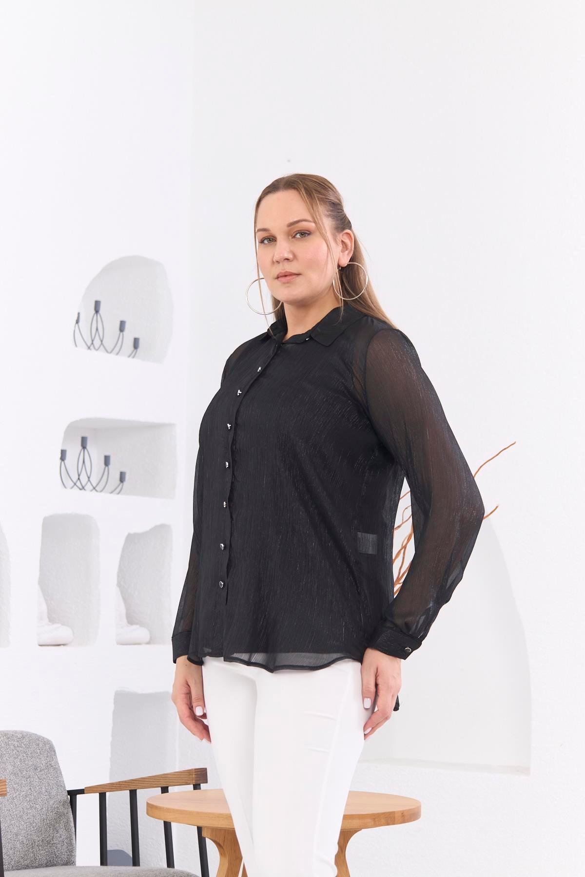 Rmg Simli Uzun Kol Büyük Beden Şifon Gömlek