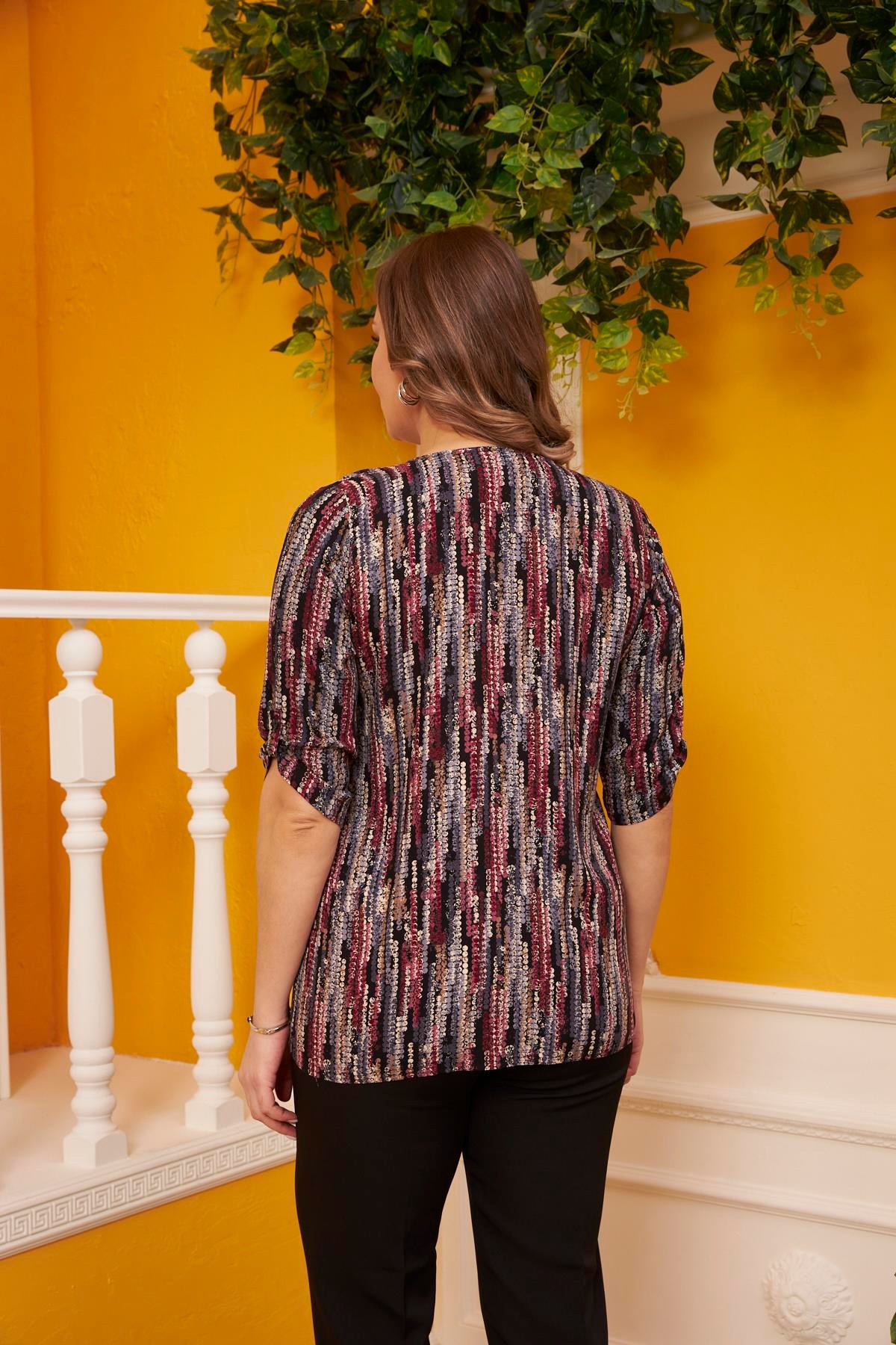 Rmg Cep Taş Detaylı Desenli Büyük Beden Bordo Gömlek