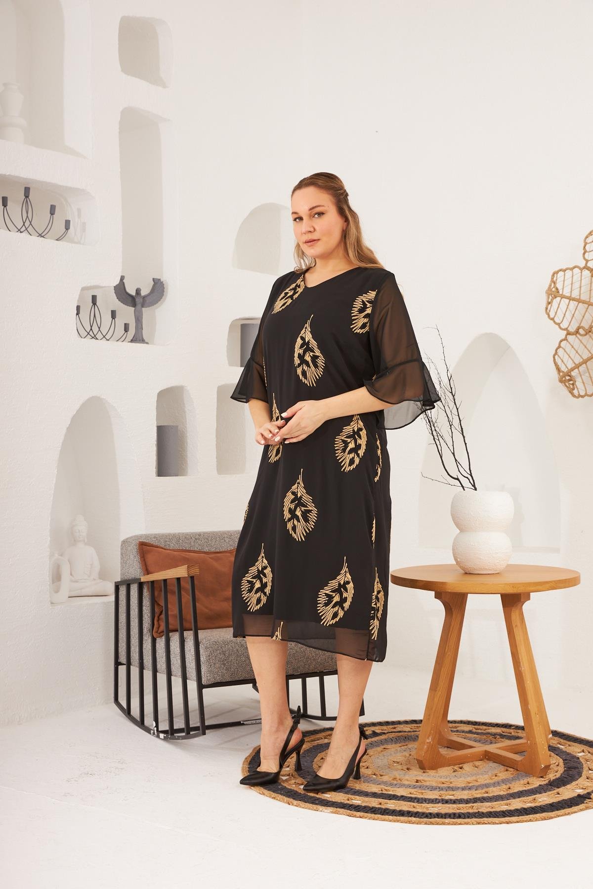 Rmg Nakış Detay İçlikli Büyük Beden Abiye Elbise Siyah