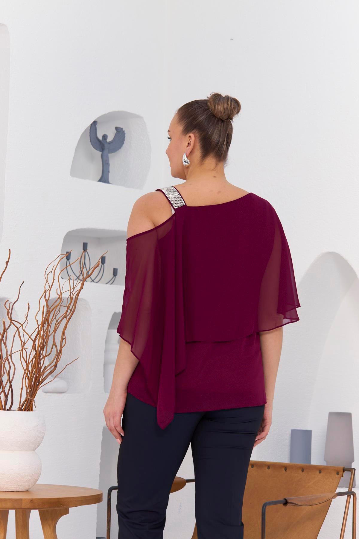 Rmg Omuz Taş Detay İçlikli Şifon Büyük Beden Bluz Violet