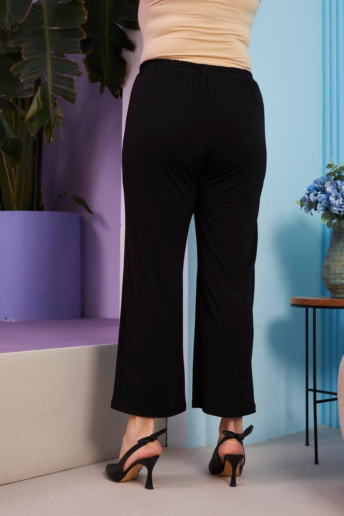Rmg Geniş Paça Beli Lastikli Büyük Beden Siyah Pantolon
