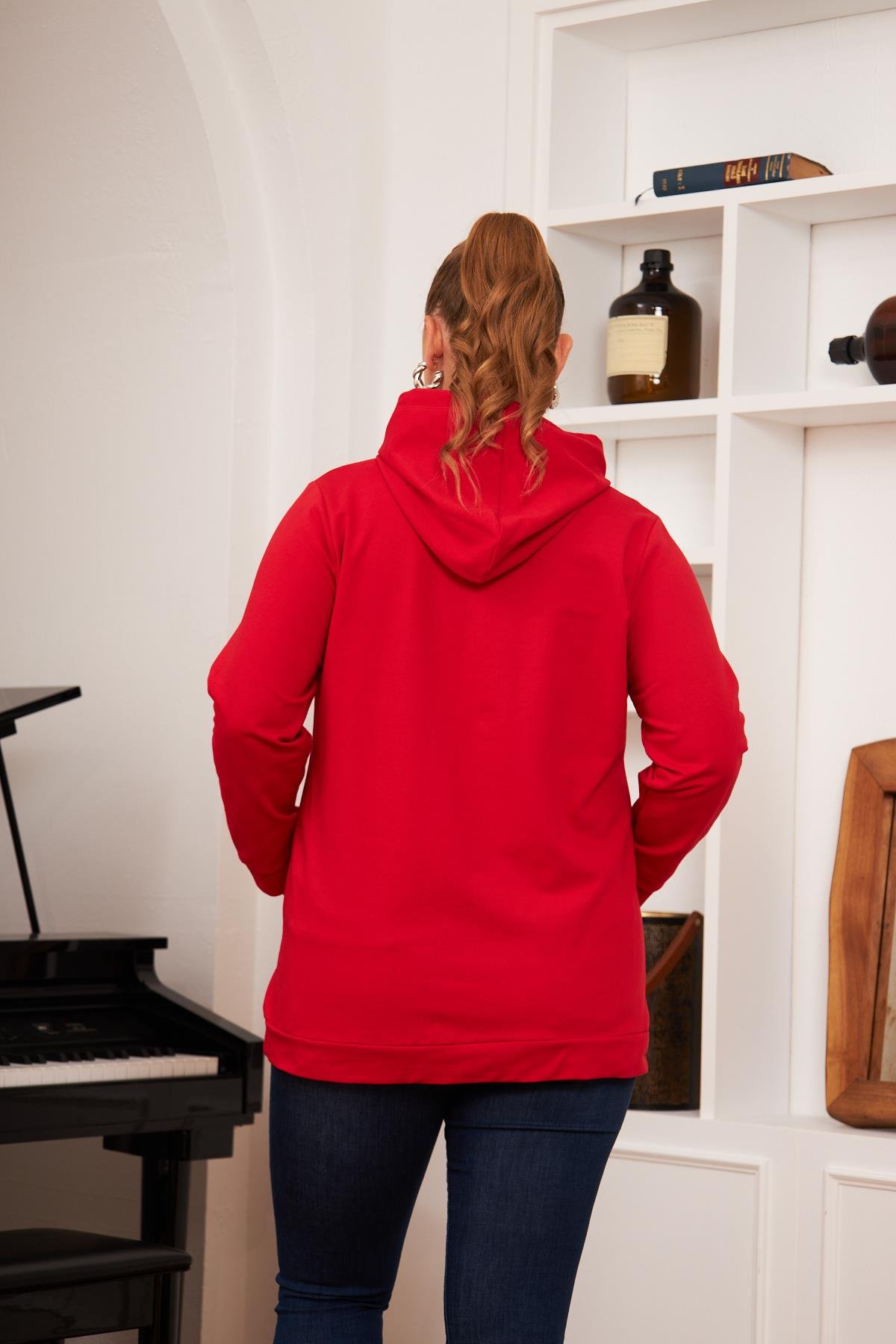 Büyük Beden Taş Baskılı Sweatshirt Kırmızı