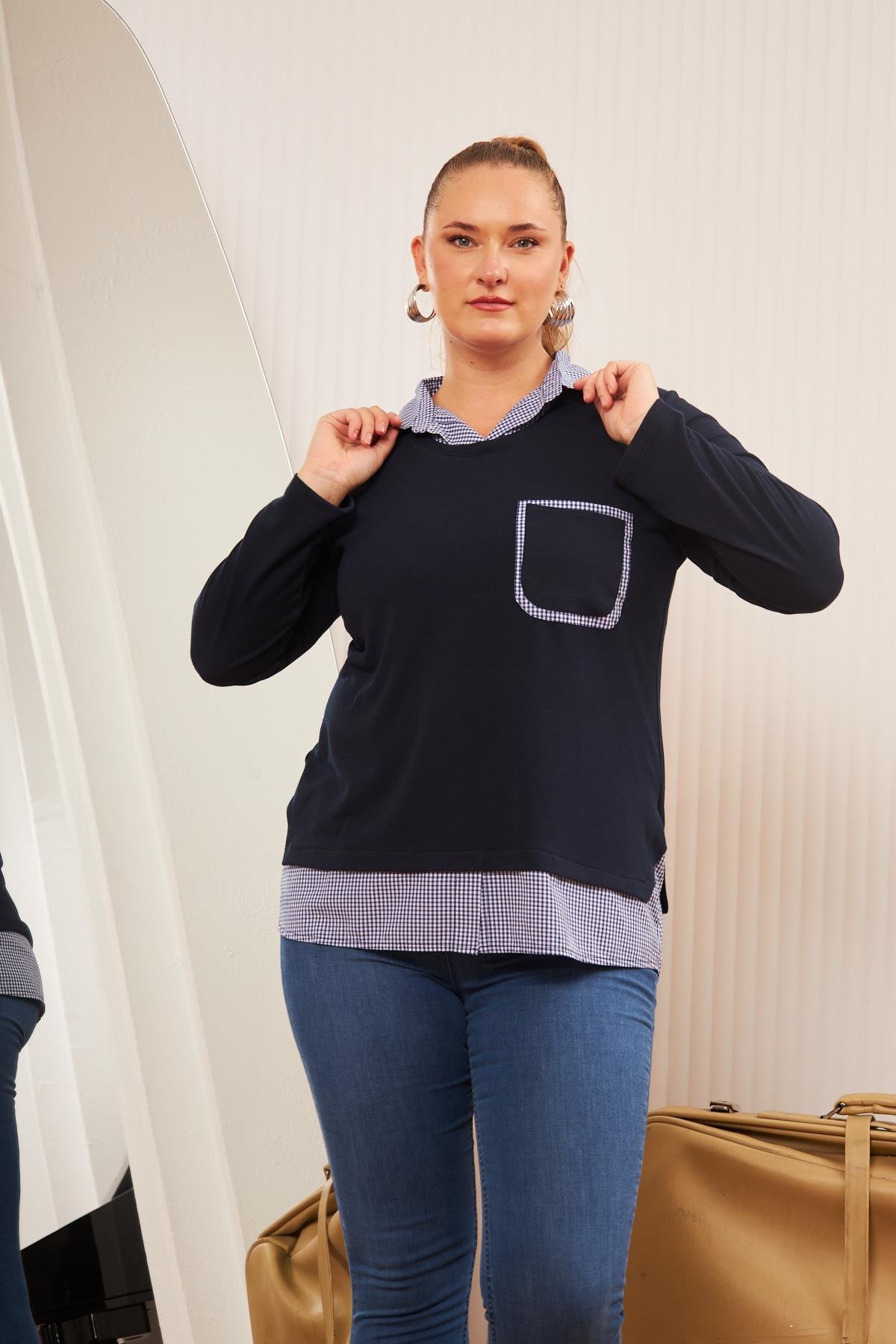 Rmg Cep Detaylı Ekoseli Büyük Beden Lacivert Gömlek Bluz