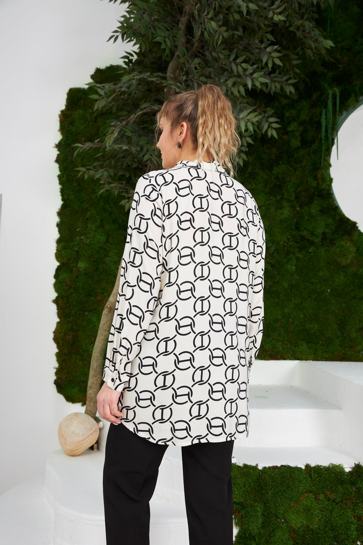 Rmg Zincir Desenli Büyük Beden Uzun Kol Ekru Gömlek