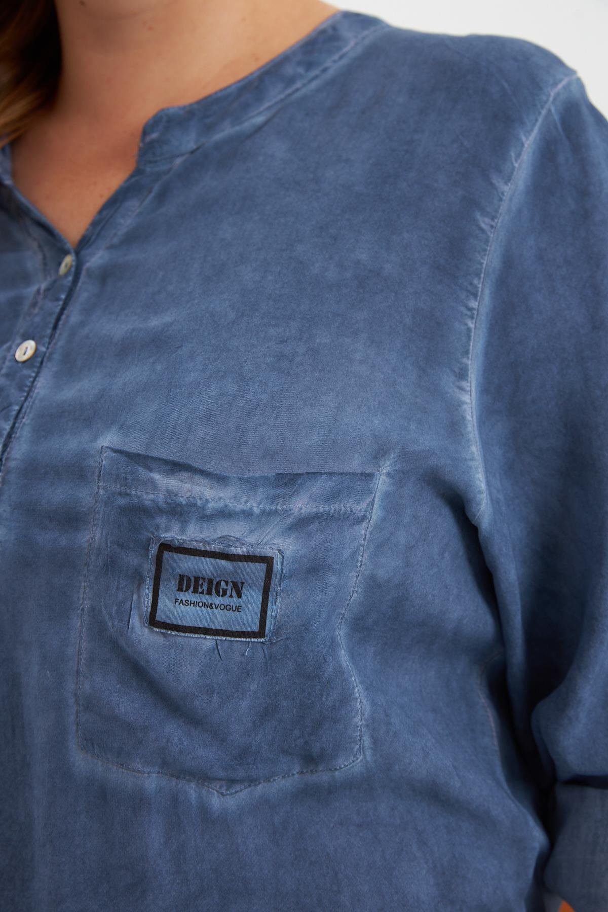 Arma Detaylı Büyük Beden Yıkamalı Bluz İndigo