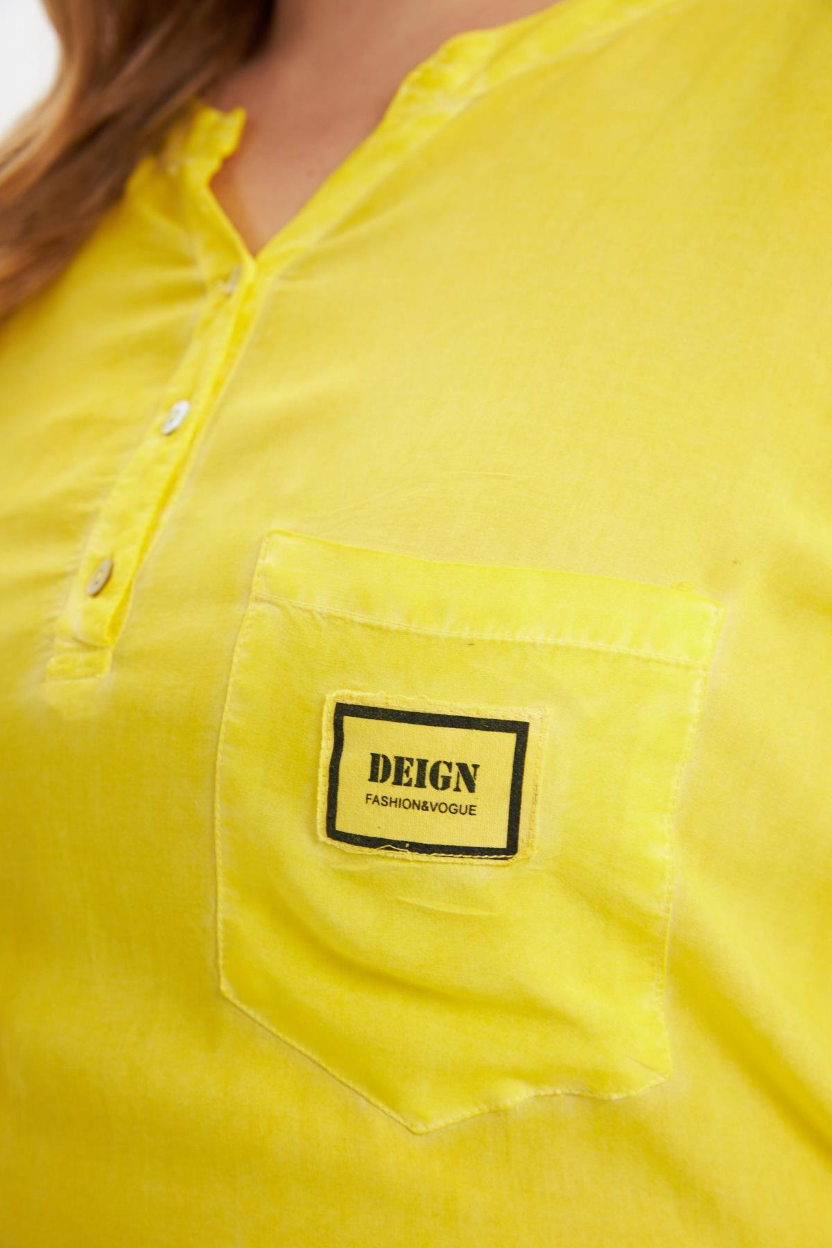 Arma Detaylı Büyük Beden Yıkamalı Bluz Sarı