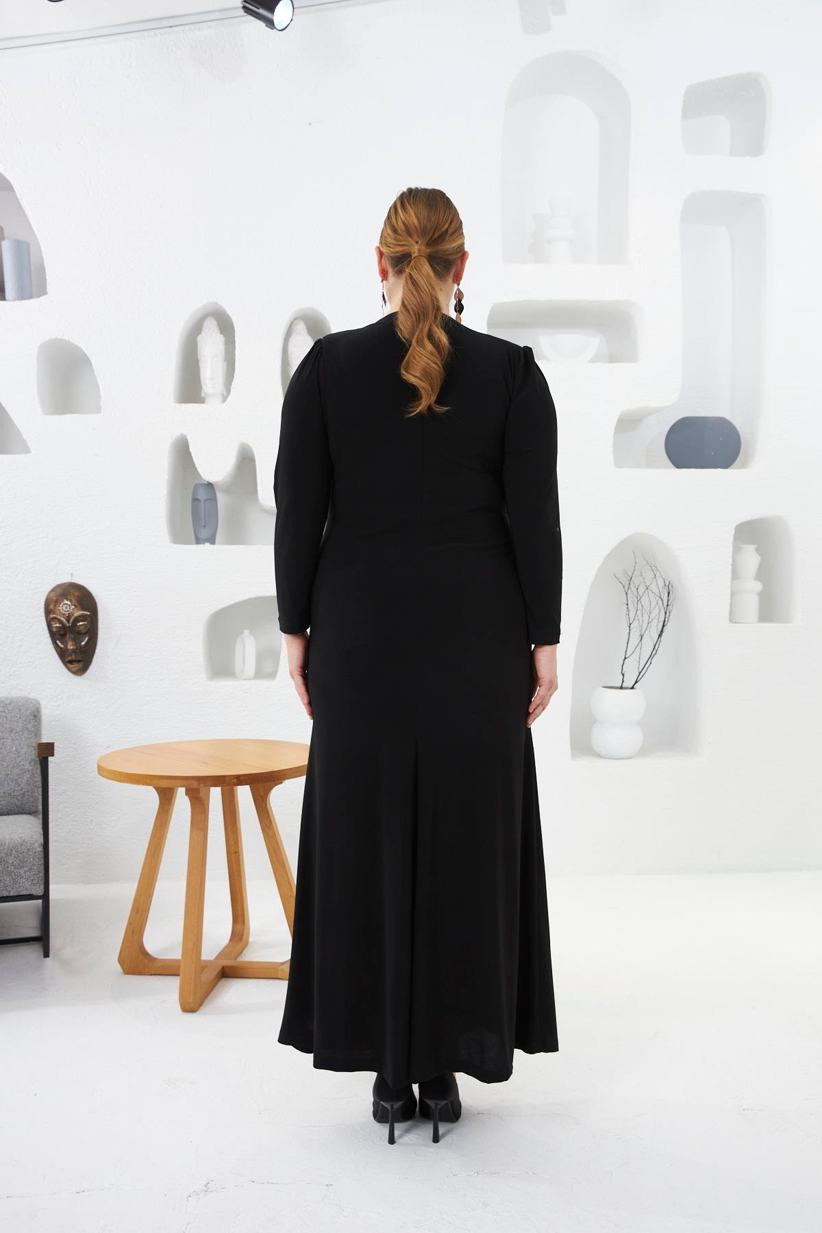 Asimetrik Drape Detay Dantel Ve Aplik Süslemeli  Büyük Beden Abiye Elbise Siyah