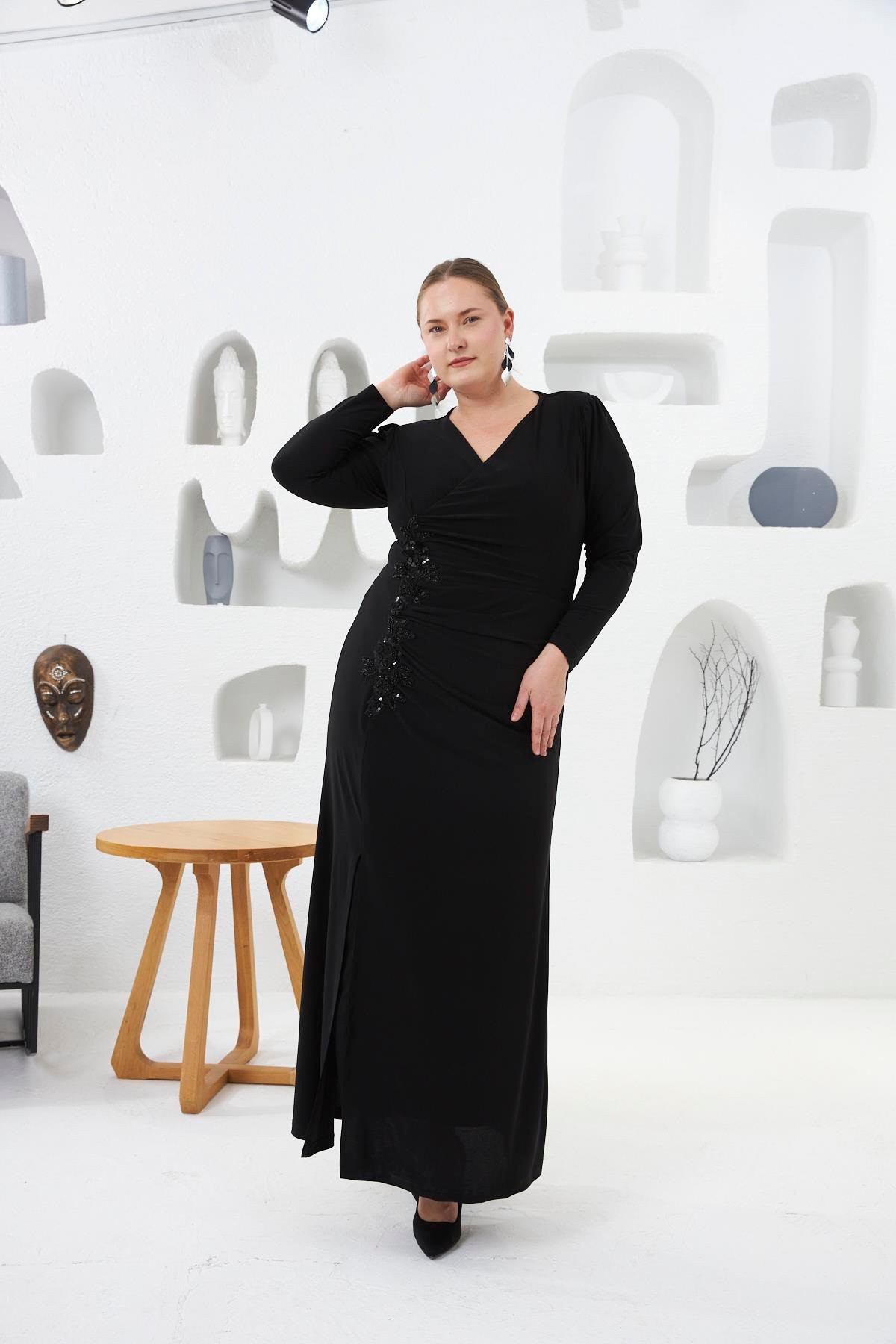 Asimetrik Drape Detay Dantel Ve Aplik Süslemeli  Büyük Beden Abiye Elbise Siyah