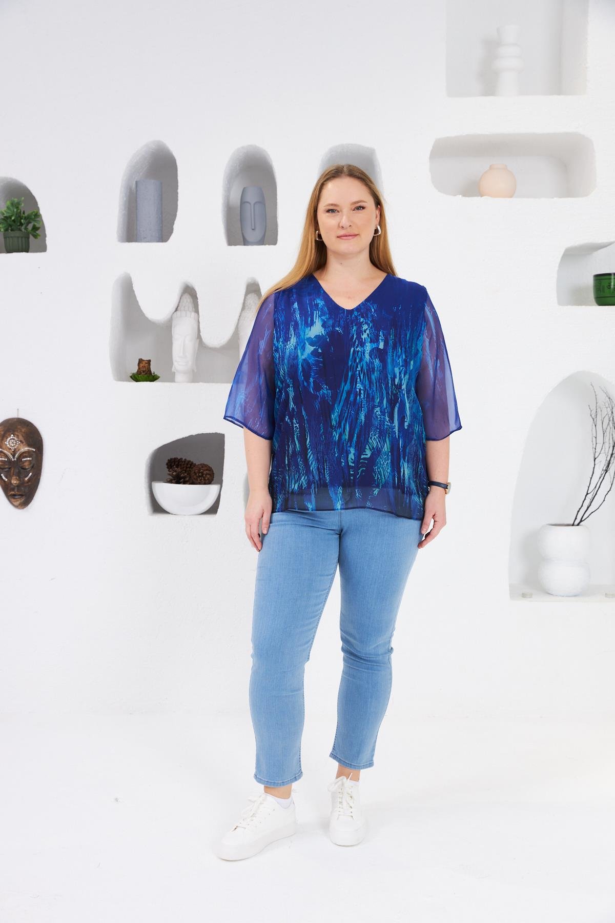 Astarlı Büyük Beden Şifon Bluz Lacivert