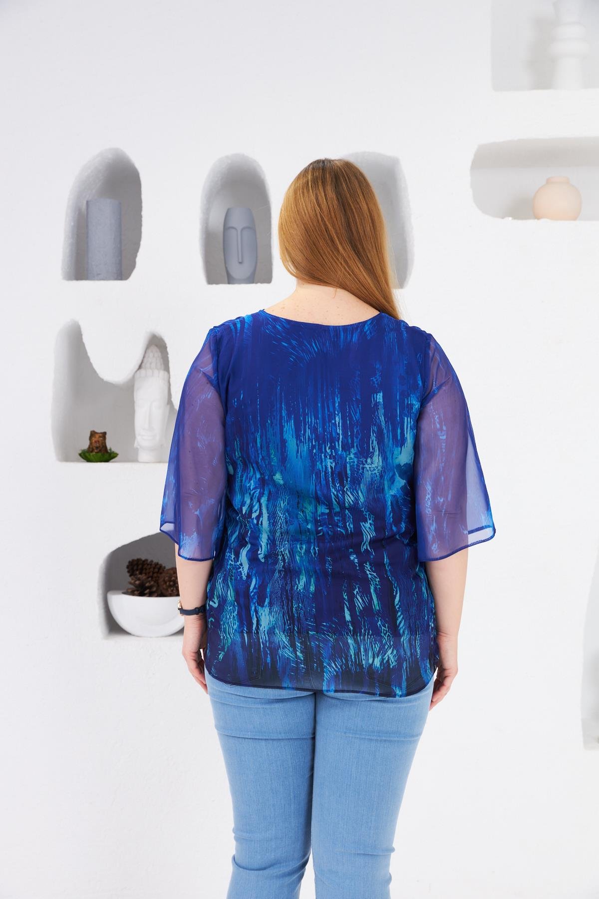 Astarlı Büyük Beden Şifon Bluz Lacivert