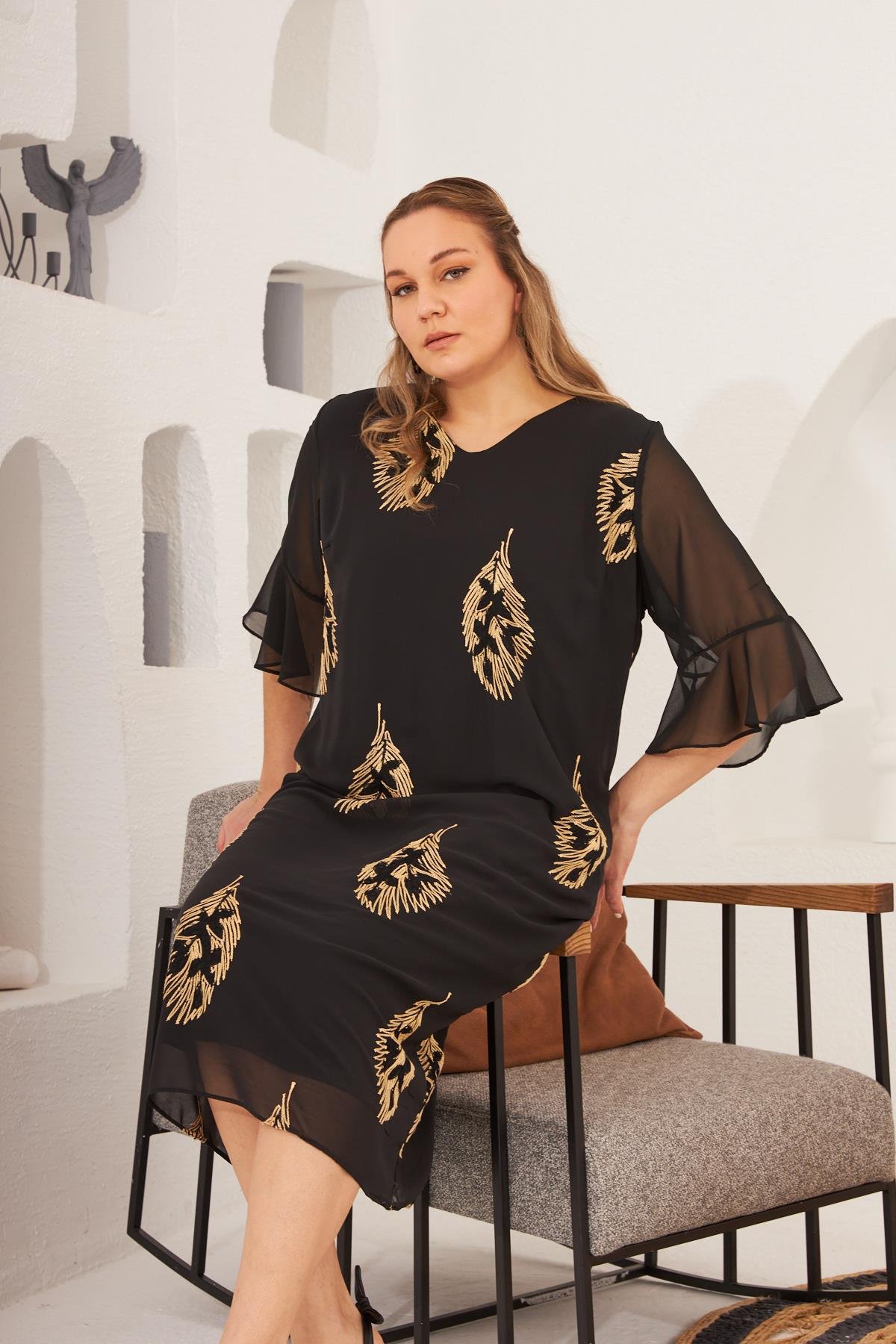 Rmg Nakış Detay İçlikli Büyük Beden Abiye Elbise Siyah