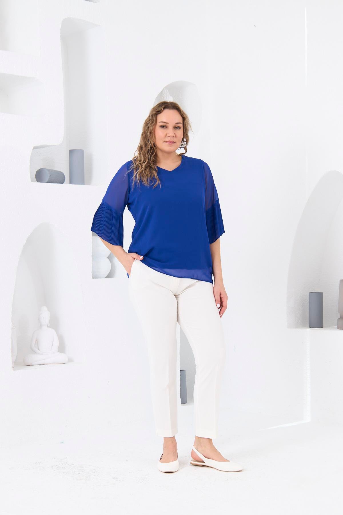 Rmg Kolları Piliseli Büyük Beden Saks Bluz