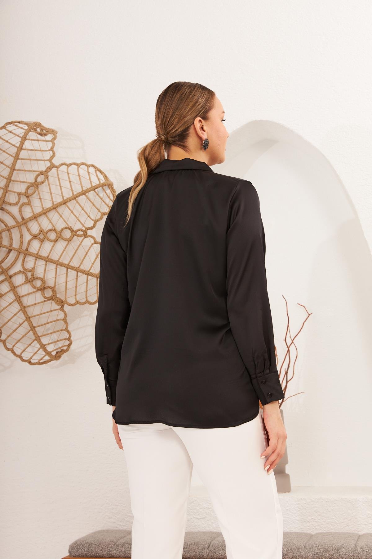 Rmg Uzun Kol Büyük Beden Siyah Saten Gömlek