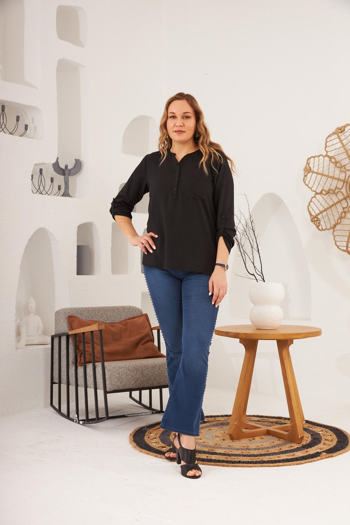 Rmg Hakim Yaka Siyah Büyük Beden Bluz