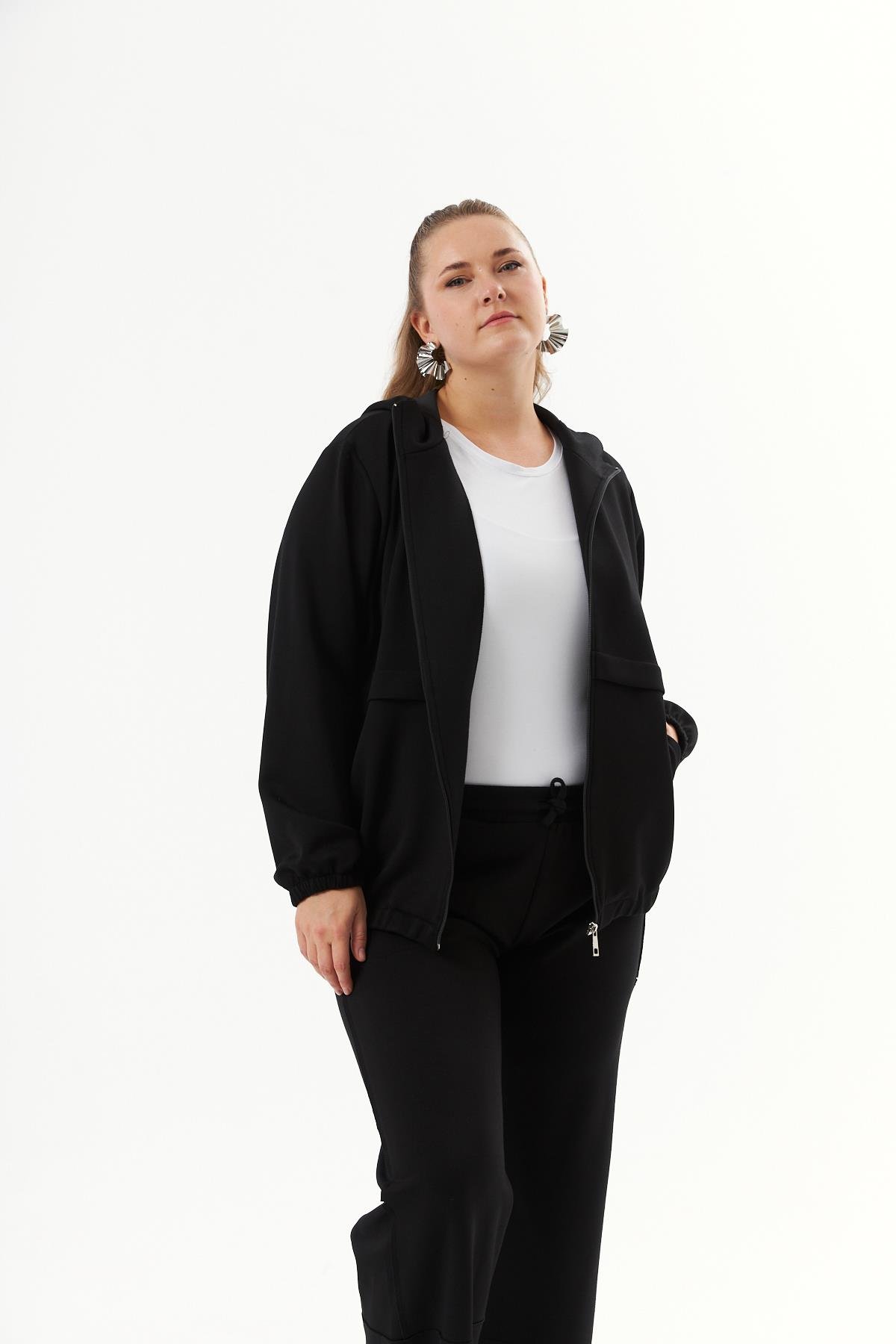 Büyük Beden Kapüşon ve Fermuarlı Sweatshirt Siyah