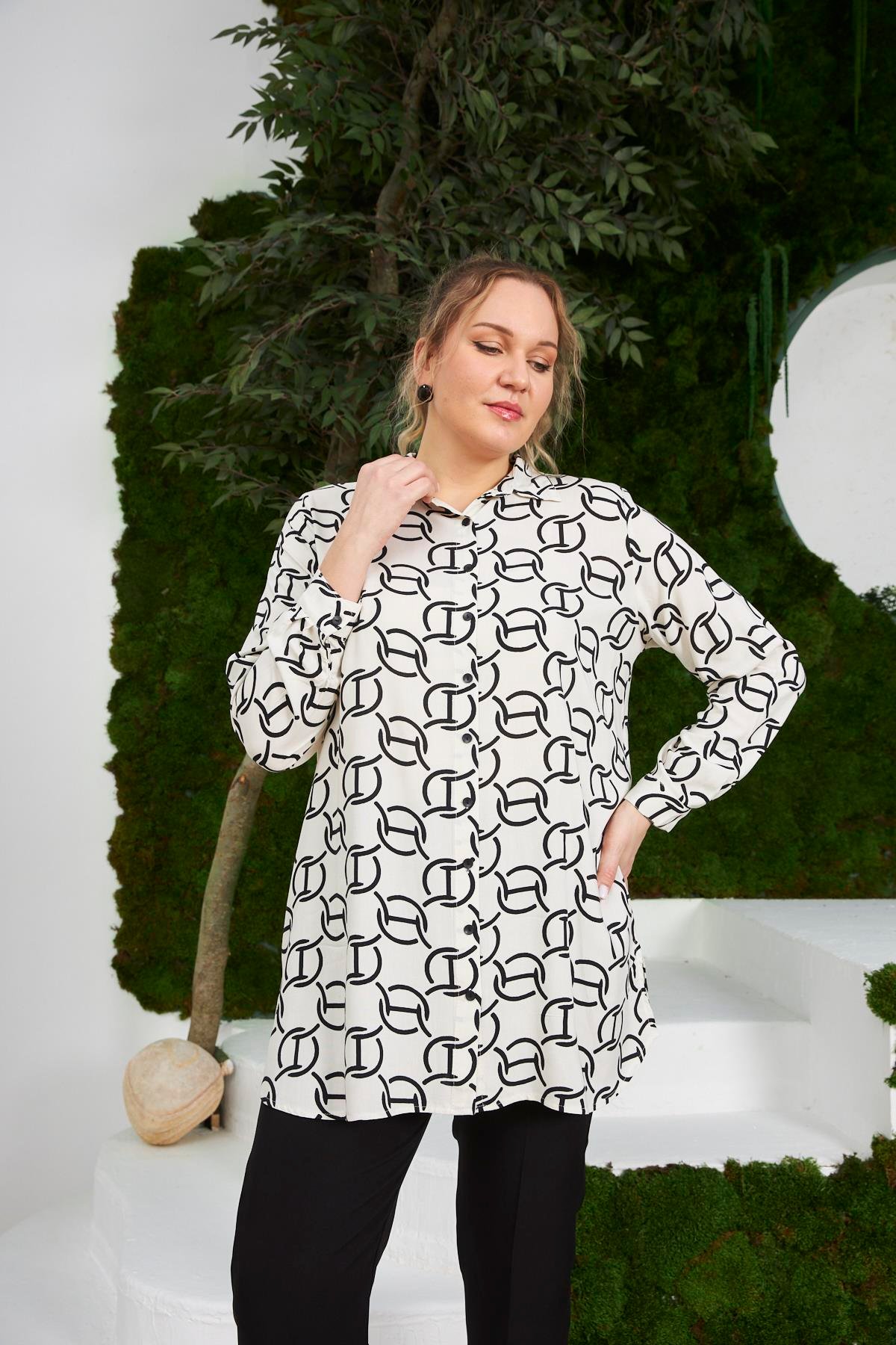 Rmg Zincir Desenli Büyük Beden Uzun Kol Ekru Gömlek