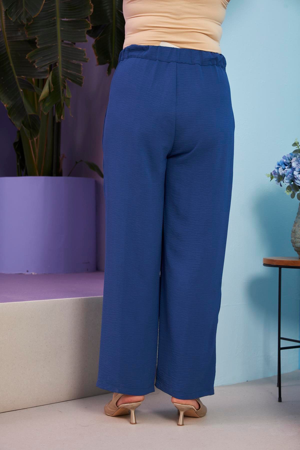 Rmg Beli Lastikli Büyük Beden Aerobin İndigo Geniş Paça Pantolon