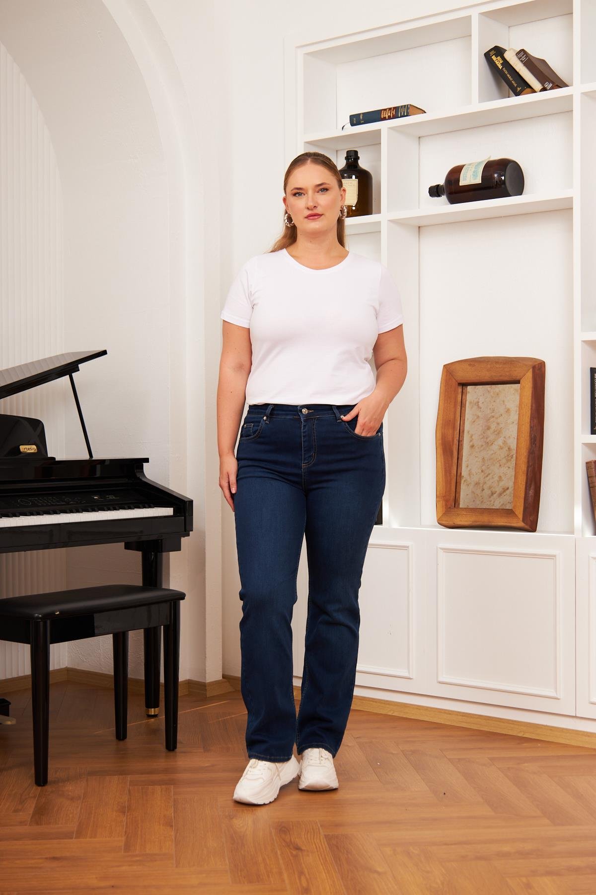 Boru Paça Büyük Beden Koyu Lacivert Kot Pantolon