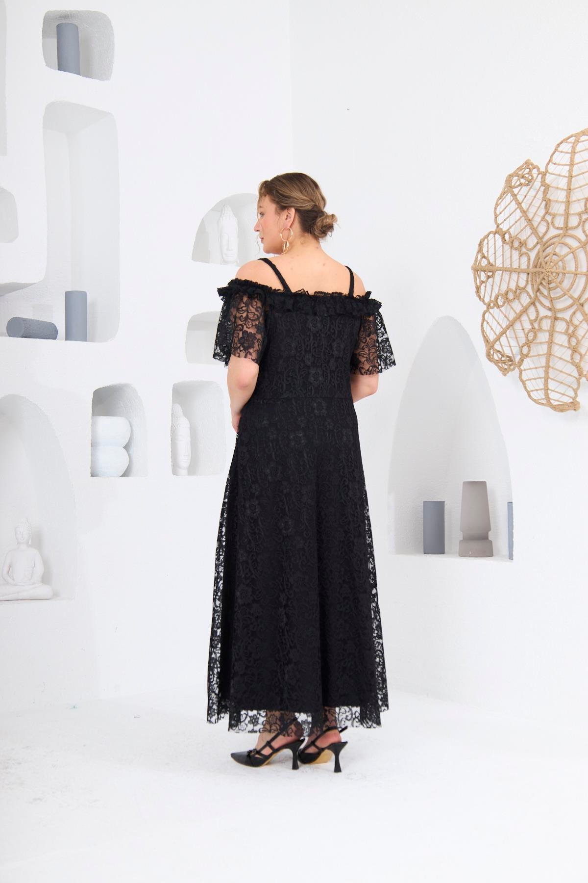 RMG Dantel Astarlı Omuz Detay Büyük Beden Elbise Siyah