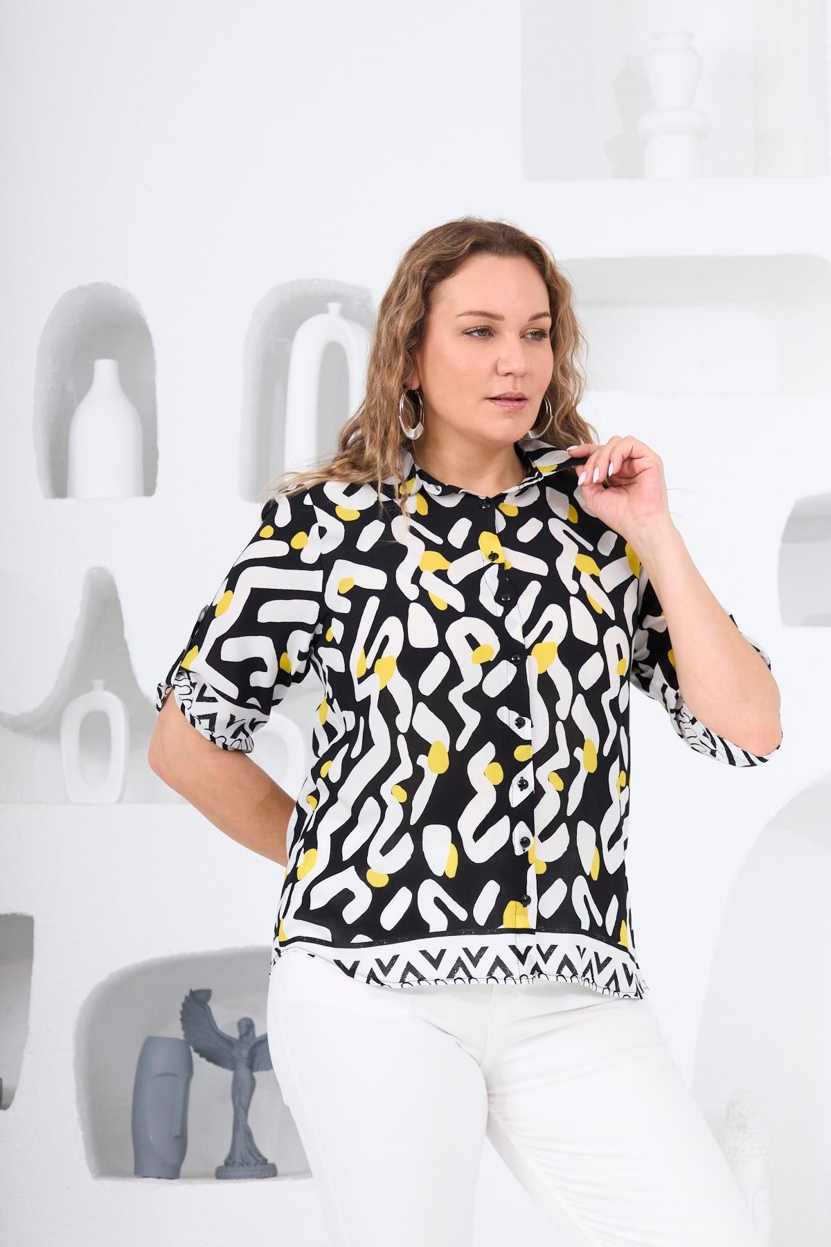 Rmg Desenli Viskon Büyük Beden Siyah Gömlek