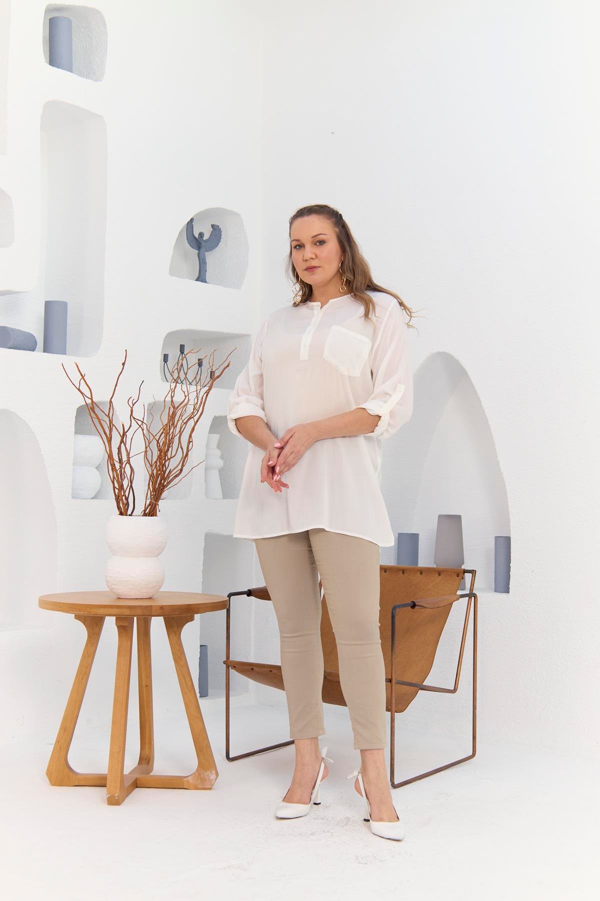 Rmg Cep Ve Kol Detaylı Yırtmaçlı Büyük Beden Ekru Tunik