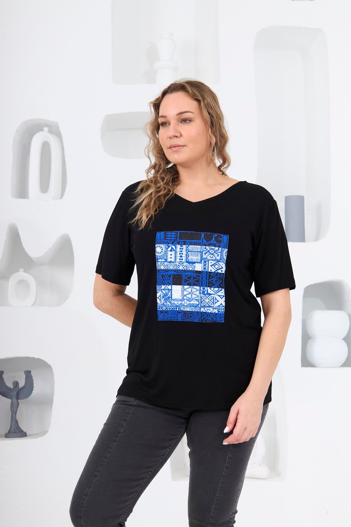 Rmg Sırt Detaylı Büyük Beden Baskılı İndigo Tişört