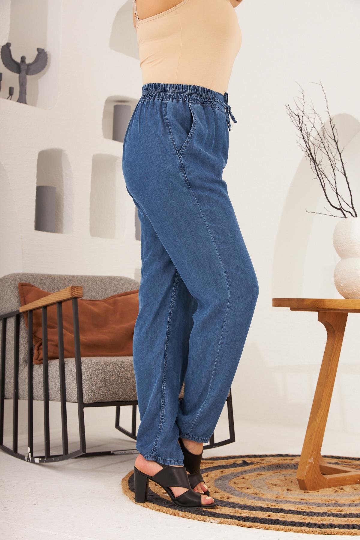 Rmg Bel Bağcık Detaylı Beli Lastikli Büyük Beden Mavi Pantolon