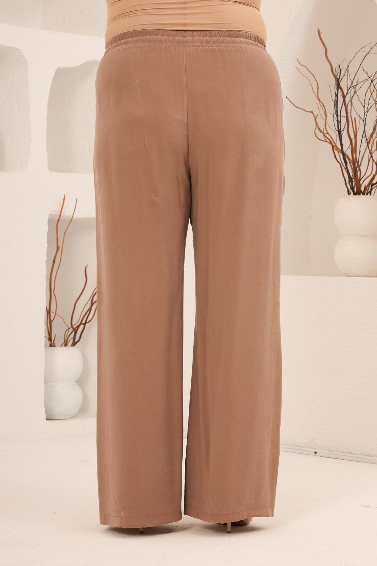 Bel Bağcık Detaylı Beli Lastikli Kadın Büyük Beden Pantolon Camel - RMG