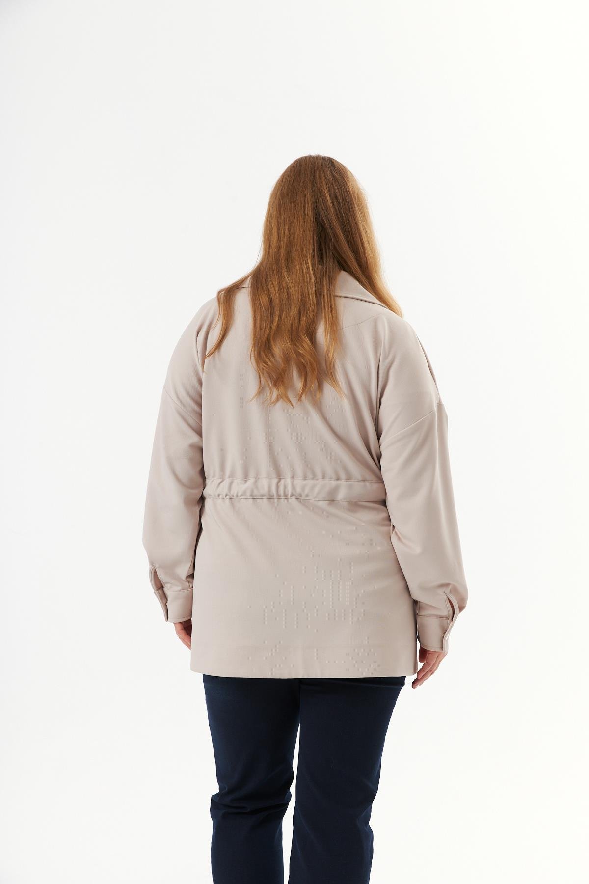 Bel Bağcık Detaylı Büyük Beden Ceket Krem