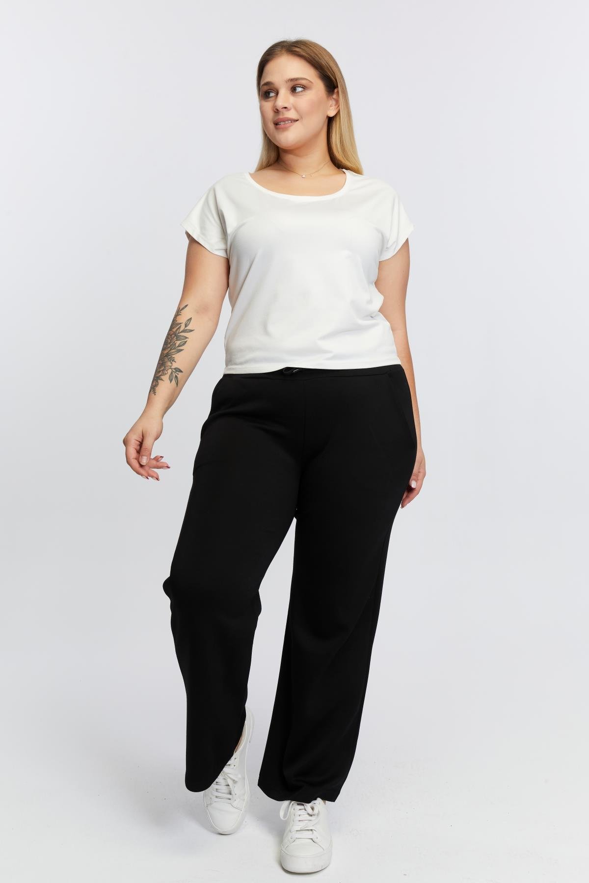 Bel Bağcık Detaylı Büyük Beden Eşofman Altı Siyah