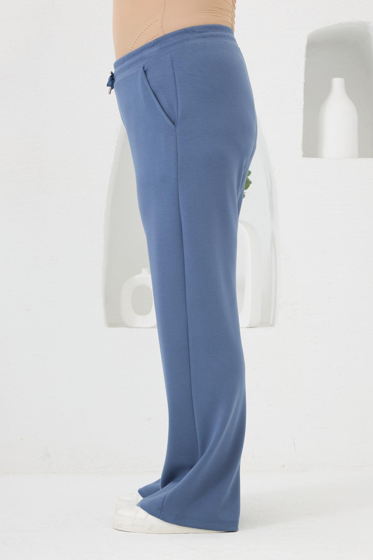 Bel Bağcıklı Büyük Beden Eşofman İndigo