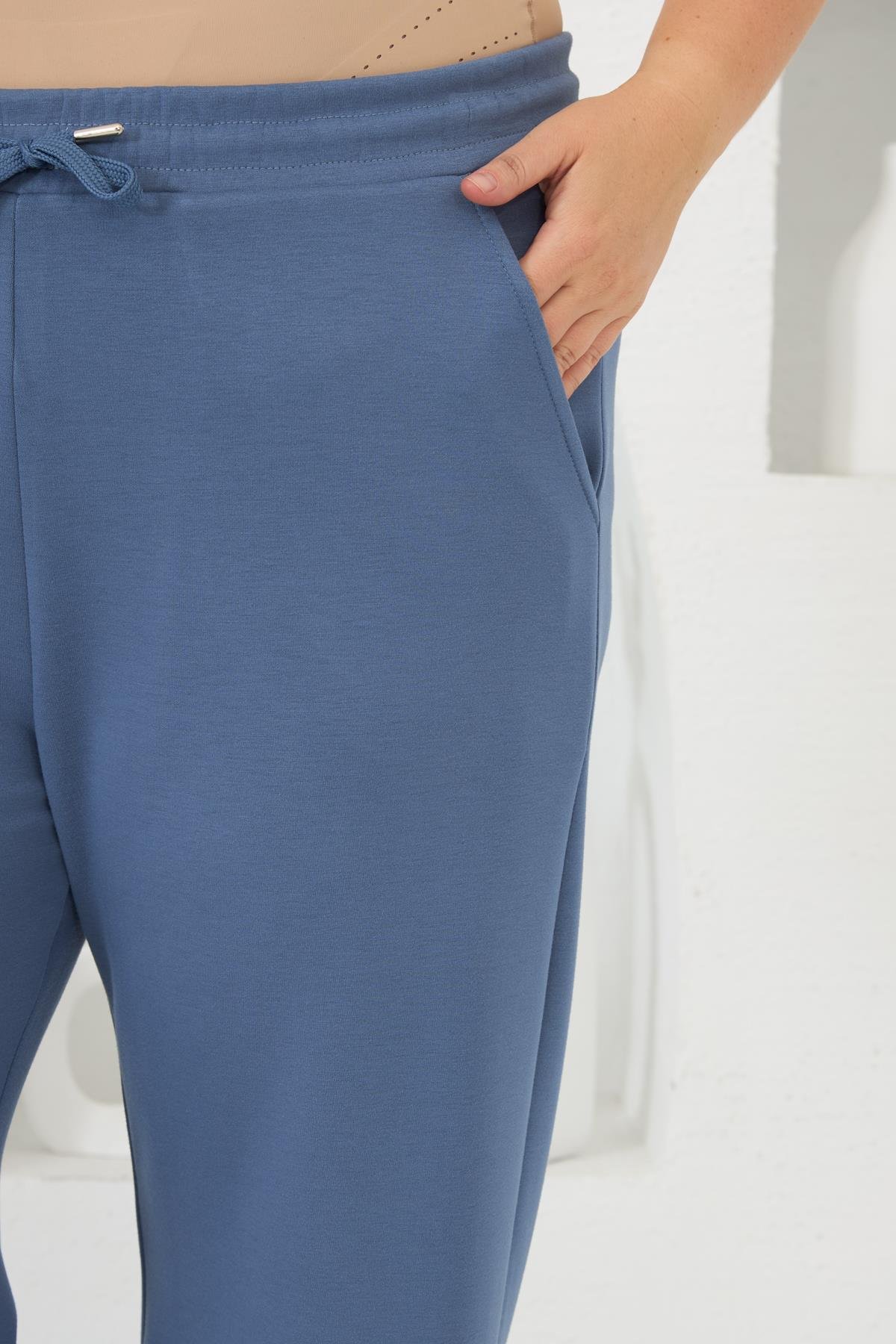 Bel Bağcıklı Büyük Beden Eşofman İndigo